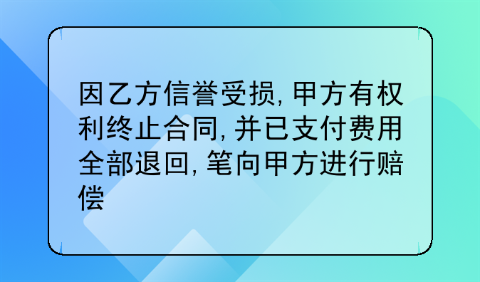 因乙方信誉受损,甲方有权利终止合同,并已支付费用全部退回,笔向甲方进行赔偿